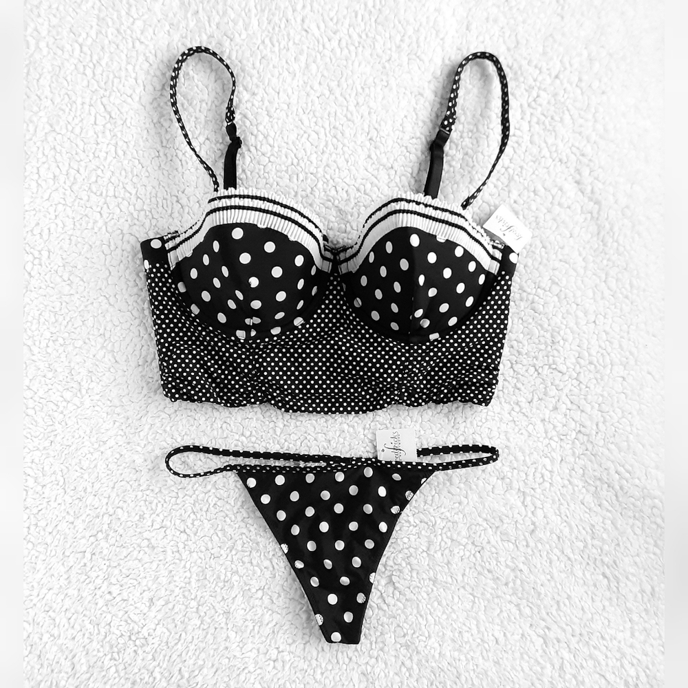 FREDERICK'S OF HOLLYWOOD Polka Dot Pin Up Style Maid Lingerie Set Size 36D & S